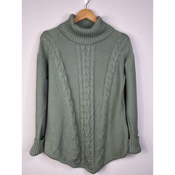 L.L. Bean Womens Green Cable Knit Turtleneck Sweater Sz M Long Sleeve Pullover - Picture 1 of 6